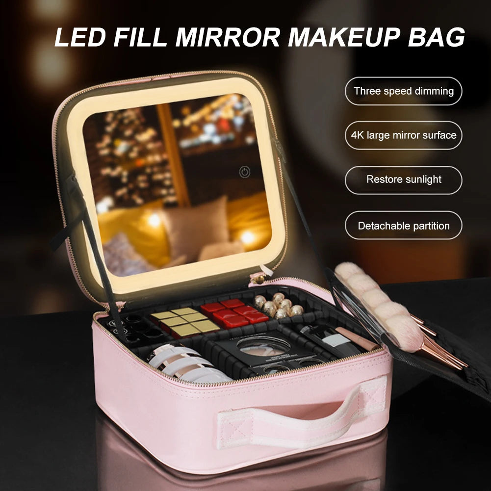 Travel Makeup Bag with Mirror 3-color Lights Adjustable Dividers - Healyno